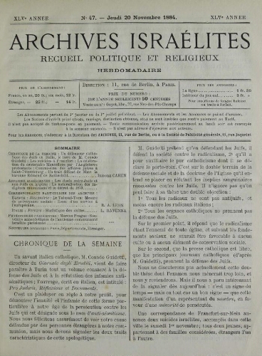 Archives israélites de France. Vol.45 N°47 (20 nov. 1884)
